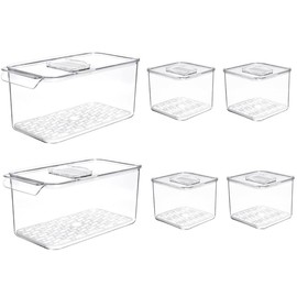 SANNO Produce Saver Containers for Refrigerator - Stackable Kitchen Organizer Keeper Bin, with Removable Drain Tray, Set of 6