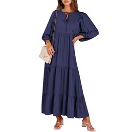 ANRABESS Womens Boho Maxi Dresses 2025 Summer V Neck Puff Sleeve Floral Flowy Swing Fall Casual Long Dress Navy Blue Small