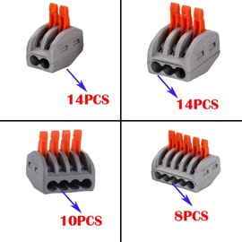 Conductor Compact Connectors, Premium PCT-212/213/214/215 Lever Nut Assortment Pack, Terminal Block Wire Push Cable Connectors (2 Ports 14pcs, 3 Ports 14pcs, 4 Ports 10pcs, 5 Ports 8pcs)