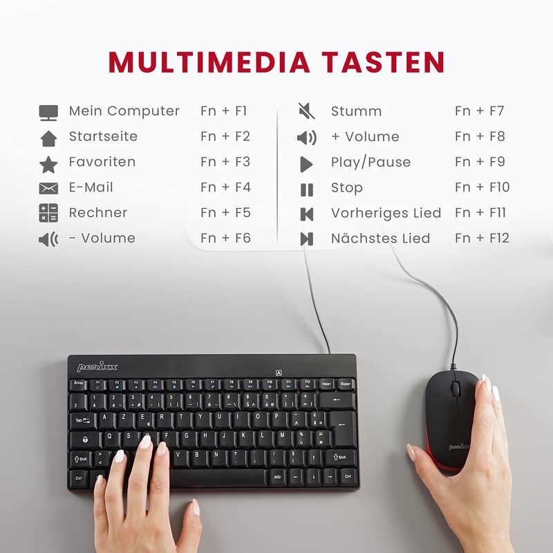 Perixx PERIDUO-212B DE, Kompaktes Mini Tastatur und Maus Set, USB-Kabel,