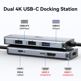 LIONWEI USB C Docking Station Dual Monitor, LIONWEI Laptop USB C Hub, USB C Dock Multiport Adapter with 2 4K HDMI, 3 USB-A/3.0/2.0, 100W Power Delivery, 6-in-1 USB Dongle for MacBook/Surface/Lenovo/Dell/HP