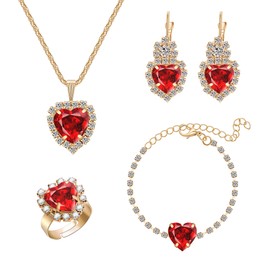 Yifnny Crystal Heart Jewellery Sets, Heart of the Ocean Necklace and Earring Sets for Women Red Pink Purple Prom Jewellery Birthstone Necklace for Mum Mother's Day Birthday Gifts, Cubic Zirconia, No