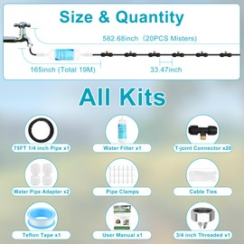 Misters for Outside Patio with Water Filter, Coldairsoap 62ft(19M) Outdoor Misting System Line Includes 20 Brass Nozzles, 3/4" Adapter for Cooling Patio, Garden, Greenhouse, BBQ, Pool