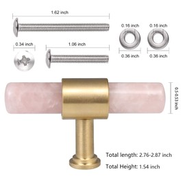 Rockcloud Set of 2 Rose Quartz Crystal Stone T Bar Knobs with Screws, Cylindrical Drawer Knobs Hardware Pull Handles for Cupboard Dresser Cabinet Wardrobe Home Decor, Pink