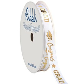 Ribbli Graduation Ribbon,Congrats Grad White&Gold Satin Ribbon Use for Gift Wrapping,Graduation Party Decoration,3/8 Inches x 10 Yards