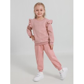 ESHOO Baby Girls 2 Pieces Outfits Toddler Ruffle Ribbed Long Sleeve Sweatshirt Pant Set Kids Solid Color Fall Winter Tracksuit