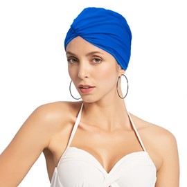 Swimming Cap Women's Turban Swimming Cap Ear Protection Swimming Cap Non-Slip Swimming Cap Retro Swimming Cap Girls Swimming Cap Elastic Swimming Cap Summer Swimming Cap for Long Short Hair Women Blue