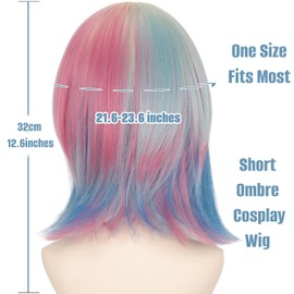 Yan Dream Short Straight Ombre Blue Pink Wig with Hairclips for Women Middle Part Cosplay Wigs