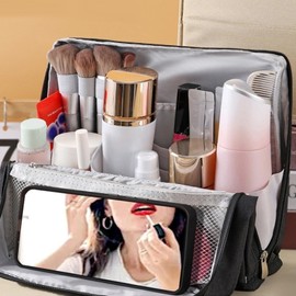 wurgocy Standing Makeup Bag, Stand up Makeup Bag Portable, Large Capacity, Waterproof Vertical Makeup Organizer Bag With Compartments (Beige)