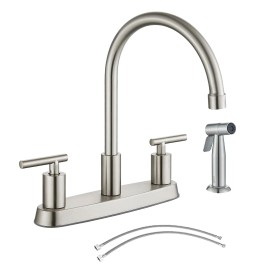 mvmhome Kitchen Faucet 2 Handle 4 Holes Brushed Nickel w/Side Sprayer Rotating Mixer Tap