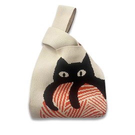 Women's Knit Wrist Bag, Fashionable and Minimalist Small Handbag, Portable Canvas Bag, Suitable for Shopping, Work (Cat)
