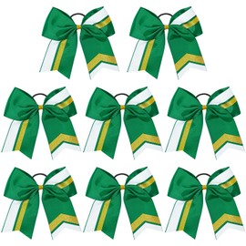 8PCS Cheer Bows Bulk Glitter Cheerleading Bows Girls Hair Bows Green Gold Cheer Bows Elastic Band Ponytail Holder for Cheerleaders Teen Girls College Sports Competition