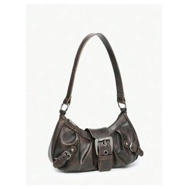 QWINEE Women's Vintage Buckle Shoulder Bag Y2K Punk PU Leather Handbag Clutch Purse, Coffee Brown, One Size