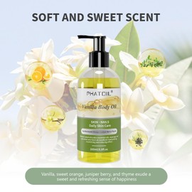 PHATOIL Body Oil with Vanilla, Sweet Orange, Juniper Berry, Thyme, Vanilla Body Oil for Dry Skin, Nails Care, Natural Moisturizer for Women, Men, 260ml, All Skin Types