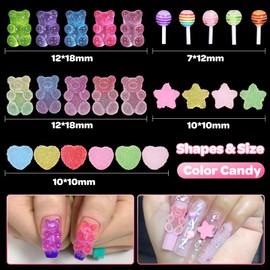 CESUSME 100 Pcs Candy Bear Nail Charms for Nail Design, 3D Mixed Color Cartoon Gummy Bear Lollipop Star Heart Acrylic Nail Art Decoration Charms for Cute Manicure DIY Crafts Accessories