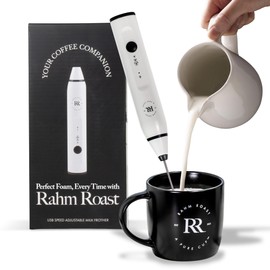 RAHM ROAST Frother Handheld - Powerful Coffee Frother Wand Rechargeable, Ultra Fast Milk Frother Handheld, Electric Whisk Drink Mixer with Stainless Steel for Coffee, Lattes, Matcha | White