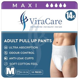ViraCare 14 x Incontinence Maxi Pants Women and Men | Adult Pull Ups | Adult Nappies | Maxi Absorbency and Odour Free | Adults Pants | Waist Size Medium 65-135 cm | (Medium, 1 Pack of 14)
