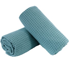 POLYTE Microfiber Oversize Quick Dry Lint Free Bath Towel, 60 x 30 in, Set of 2 (Green, Waffle Weave)