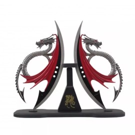 Unbranded Fantasy DRAGON Twin DAGGER Fixed Blade Collectible Knife w/ Wooden Display stand