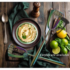 Rainbow Potato Masher Stainless Steel Heavy Duty Ergonomic Handle for Mashed Potatoes Avocado Ground Beef & Beans Dishwasher Safe Kitchen Tool (Rainbow Round Style)