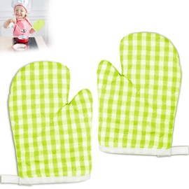 DOERDO 2 Pack Kid Oven Mitts for Kids Heat Resistant Kitchen Mitts, Great for Cooking Baking, Age 4-12 (7"x4.7", Green)