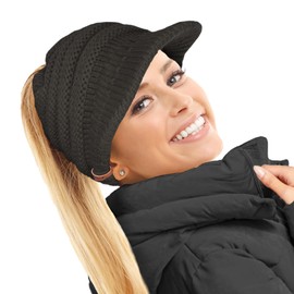 TOSKATOK Women's Slouchy Peaked Ponytail Messy Bun Knitted Hat Peaked Cap, black