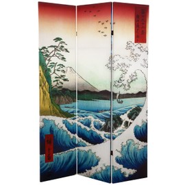 Oriental Furniture 6 ft. Tall Double Sided Hiroshige Room Divider - Sea at Satta/Teahouse