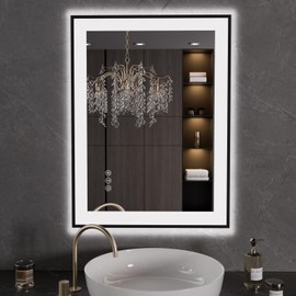 LOAAO 24"X32" LED Bathroom Mirror Black Framed, Anti-Fog, Dimmable, Lighted Bathroom Vanity Mirror for Wall, Memory Function, Tempered Glass