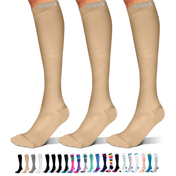 SB SOX 3-Pair Compression Socks (15-20mmHg) for Men & Women – Best Socks for All Day Wear! (L/XL, 02 – Solid Nude)