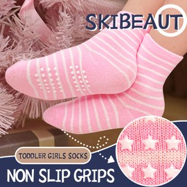 SkiBeaut Toddlers Girls Socks Baby Grips Socks 12 Pairs Non Slip Skid Kids Crew Socks with Grippers Toddler Grippy Slipper Socks for 6-12 Months