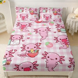 HOSIMA Axolotl Fitted Sheet Set Twin Size for Kids Girls,Pink Cartoon Axolotl Eat Dessert Printing Bedding Set Twin Size for Princess Bedroom Decor,1 Fitted Sheet+2 Pillowcases.
