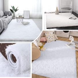 Leesentec Shag Rug, Carpet, Fluffy, Washable, Area Rug, Nordic Style, Non-Slip, Noise Reducing, Antibacterial, Odor Resistant, High Pile, Protects From Cold, Compatible with Floor Heating, Rectangular, 31.5 x 63.0 inches (80 x 120 cm), White