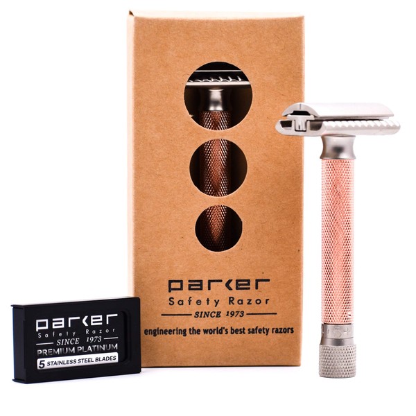 Parker Variant Adjustable Double Edge Safety Razor and 5 Parker Premium Blades - Adjust The Blade Exposure with A Turn of Dial for Milder or More Aggressive Shaves (Rose Gold)
