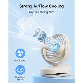 SWEETFULL Mini Clip on Fan - Portable Rechargeable Personal Fan with Strong Clamp, 3 Speeds, 11Hrs Cooling, Cute Small Desk Cooler for Stroller Bed Pet Carriers Umbrell Travel Outdoor - Beige