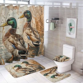 TOWINSFB 4Pcs Playful Animal Shower Curtain, Countryside Mallard Duck Lake Shower Curtain Sets with Toilet Lid Cover, U-Shaped Mat and Non-Slip Rugs, Bathroom Decor Set, 72" x 72"