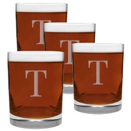CEDAR CRATE MARKET 4 Piece Glass Set Engraved with T-Letter Monogram, 13.5-Ounce