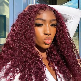 Pizazz 99J Burgundy Deep Wave Lace Front Wigs Human Hair Pre Plucked 13x4 HD Transparent Lace Frontal Wigs with Baby Hair 180 Density Human Hair Wigs for Black Women(18 Inch)