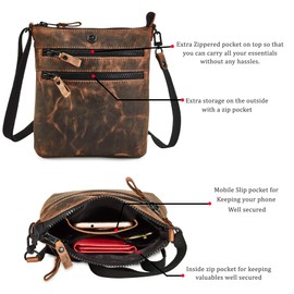 Cochoa Small Women Real Leather Crossbody Triple Zip Vintage Sling Handbag Purse Travel Crossover Shoulder Bag Handmade (Cognac Crazy Horse)