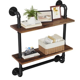 Merapi 24" Industrial Floating Shelves with Tower Bar, Pipe Shelves for Wall, 2 Tier Rustic Wood Wall Shelves for Home Décor, Bedroom, Living Room, Bathroom…