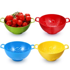 Baderke 4 Pack Mini Colander for Kitchen Plastic Berry Strainer with Double Handles 7.5 x 6 x 3 Inch Small Colander Strainer for Fruits Vegetables Food(Green, Red, Blue, Lemon Yellow)