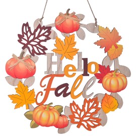 Ovootok Hello Fall Wreaths for Front Door, Wooden Welcome Sign for Fall Decor, Maple Leaf Fall Door Sign Ornament, Wood Farmhouse Pumpkin Door Decor, Rustic Fall Door Hanger for Porch Home (FALL)