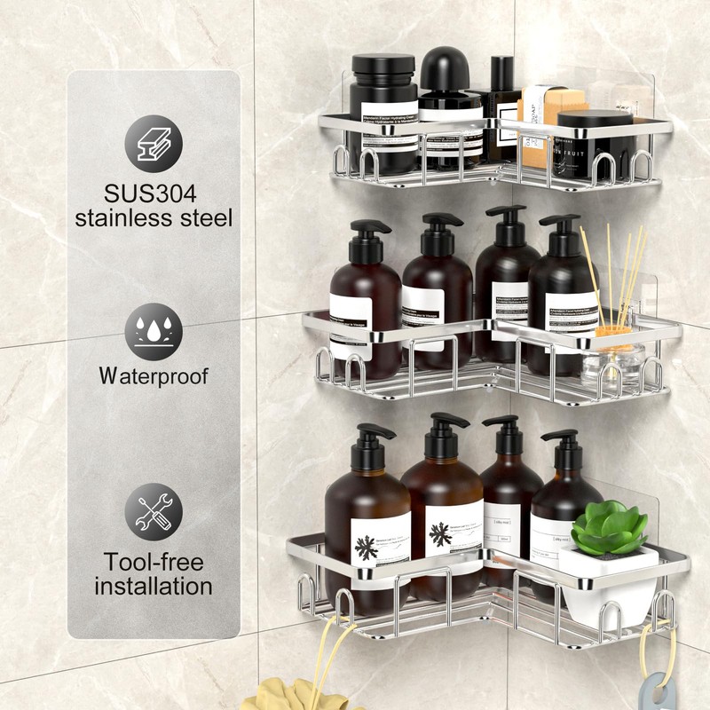 UUlioyer Stainless Steel Corner Shower Caddy, Shower Shelf No Drilling,