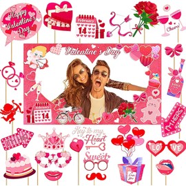 Valentine's Day Photo Booth Props Decor - 1 Pcs Large Size Valentines Photo Prop Frame and 23 Pcs Pink Heart, Love, Cupid's Arrow, Sweet Valentine Selfie for Happy Valentines Day Party Decorations