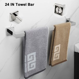 NearMoon 7 Pieces Bathroom Hardware Set 304 Stainless Steel-Square Towel Rack Set Include 24" Towel Rod+ 10" Hand Towel Bar+ Toilet Paper Holder+ 4Robe Towel Hooks Bathroom Accessories (Chrome Finish)