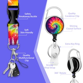 Rainbow Tie Dye Retractable Badge Holders with Lanyard,Retro Swirl Id Card Holder Keychain Vertical ID Protector Clips,Funny Name Tags Clips with Heavy Duty Badge Reel for Women Men