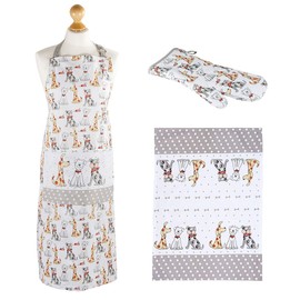 Dog Apron and Oven Glove Set with Matching Tea Towel - Kitchen Gifts for Women and Men Dog Lovers