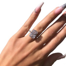 Sdouefos S925 Silver Women's Ring Princess Generous Diamond Ring Three-dimensional Cut Zircon Ring Electroplating 18k White Gold Ring Jewelry (S)