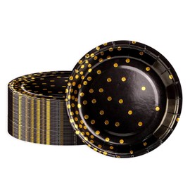 BOKFJBP Pack of 50 Paper Plates, Black Gold Foil Party Plates, 18 cm Polka Dot Paper Plates for Graduation, Anniversary, Housewarming, Birthday Party