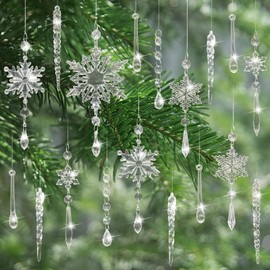 18pcs Christmas Tree Decorations, Clear Acrylic Ornaments, Snowflake Ornaments, Hanging Crystal White Icicle Christmas Ornaments for Winter Xmas New Year Christmas Decor Party Supplies