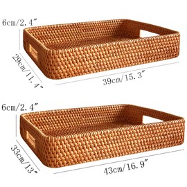i-lan 2 Pack Oversize Deep Natural Wicker Serving Tray with Handles and 2.3” Wall, 16 Inch Rectangular Rattan Office Tray, Decorative Woven Rattan Fruit Baskets Tray Plate for Table Countertop,L+XL